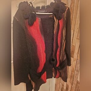 Vintage Elegant Black and Red Women's Button Up Sweater Cardigan. XL